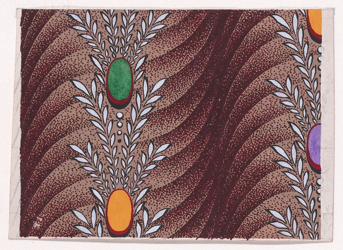 Textile Design with Vertical Garlands of Stylized Leaves, Pearls and Ovals over a Background of Overlapping Scales — Anonymous, Alsatian, 19th century