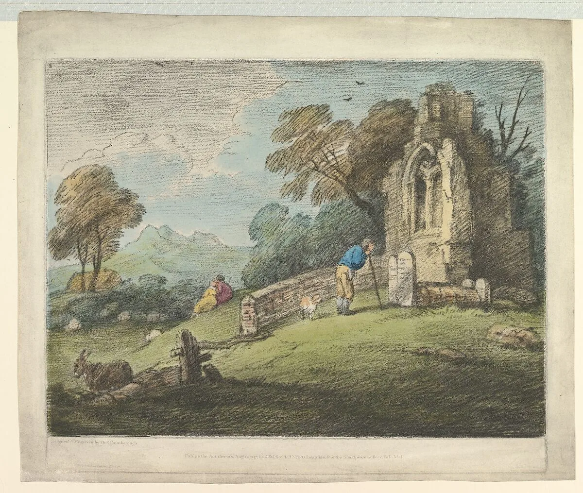 Wooded Landscape with Peasant Reading Tombstone, Rustic Lovers and Ruined Church — Thomas Gainsborough|John & Josiah Boydell