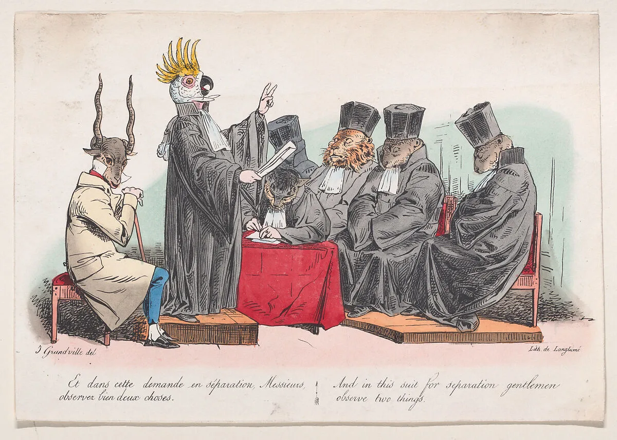"And in this suit for seperation, gentlemen, observe two things" from Metamorphoses of the Day — J. J. Grandville|Langlumé