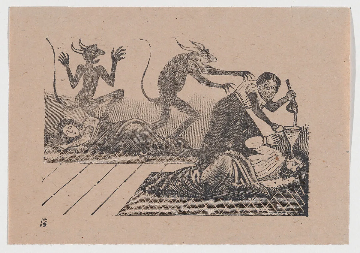 Plate 5: A woman pouring lead into the ear of her sleeping husband — José Guadalupe Posada