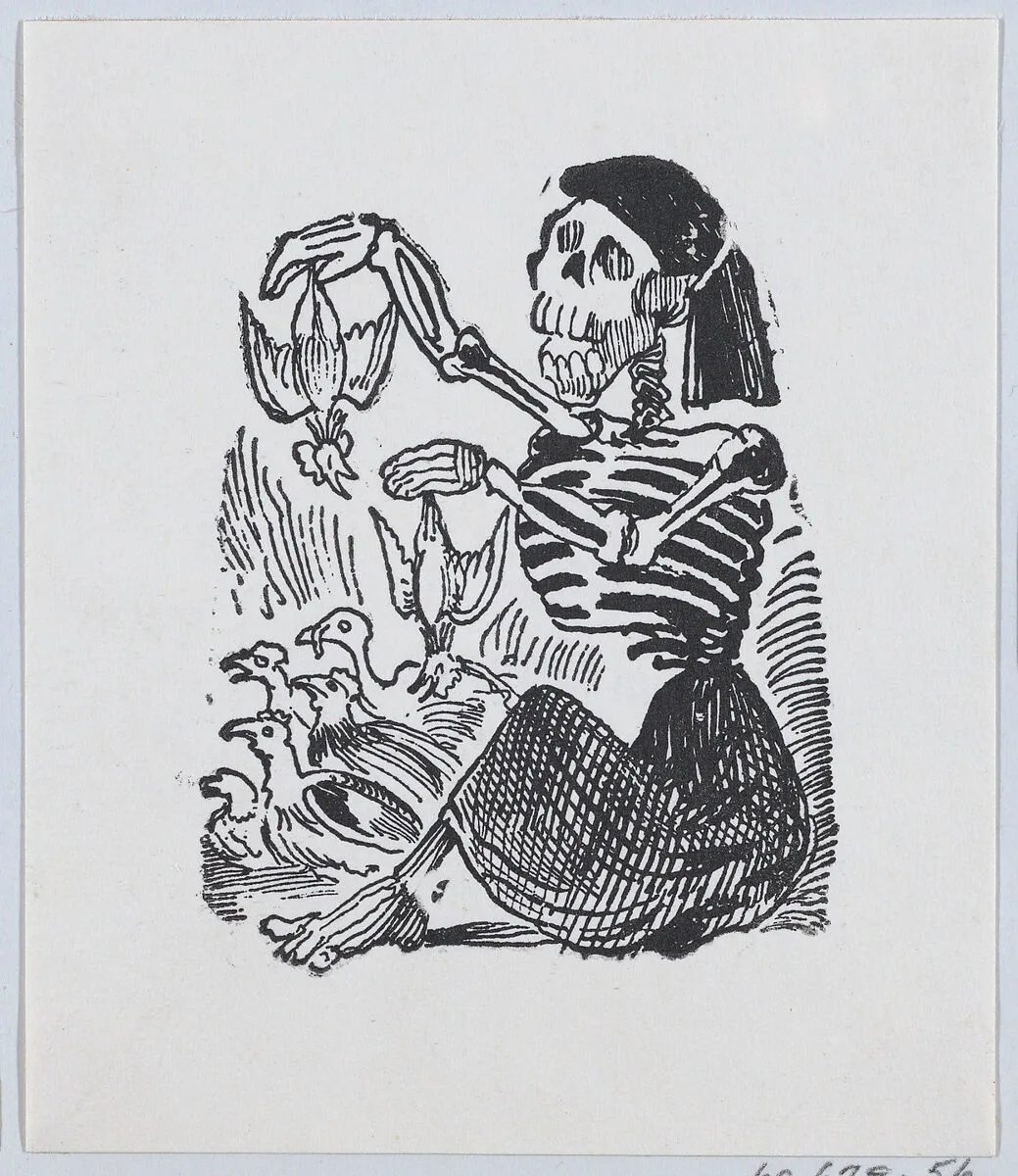A skeleton selling plucked chickens from a broadside entitled 'Una Calavera Chusca' — José Guadalupe Posada|José Sanchez
