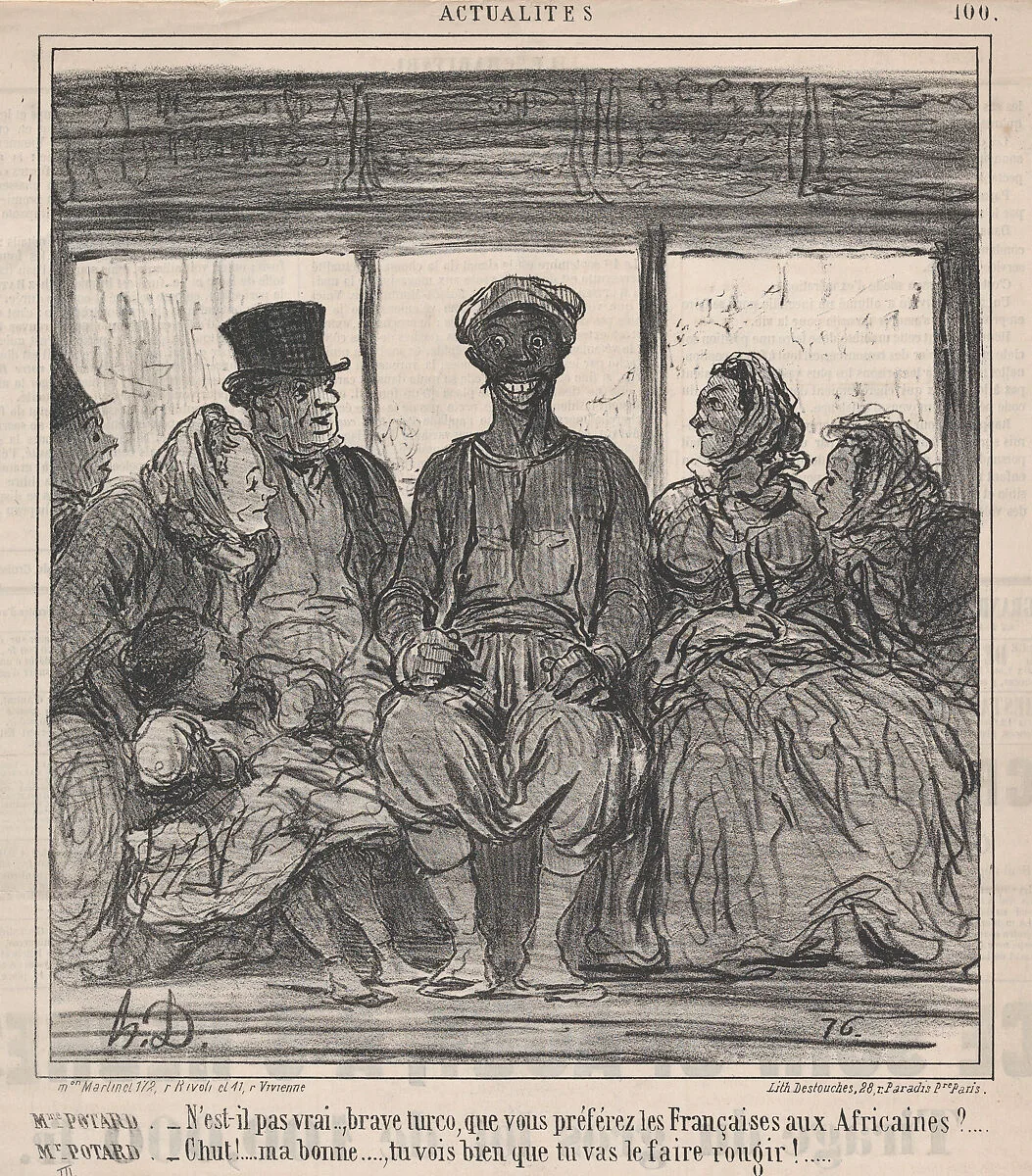 N'est-il pas vrai, brave turco, que vous préférez les Françaises aux Africaines?..., from Les Actualités, published in Le Charivari, August 31, 1859 — Aaron Martinet|Honoré Daumier|Destouches