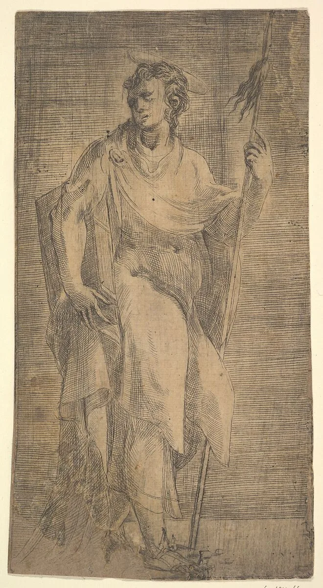 A saint, possibly Matthew, holding a staff and a book — Andrea Schiavone (Andrea Meldola)