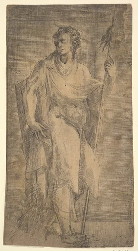 A saint, possibly Matthew, holding a staff and a book