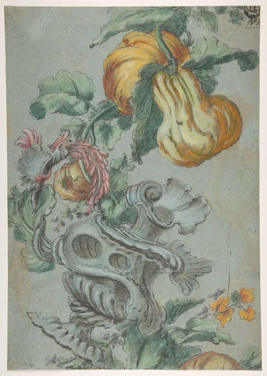 Ornamental Design with Fruit and Flowers (recto); Flower Stalk with Leaves (verso) — Alexis Peyrotte