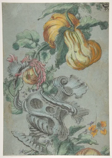 Ornamental Design with Fruit and Flowers (recto); Flower Stalk with Leaves (verso)