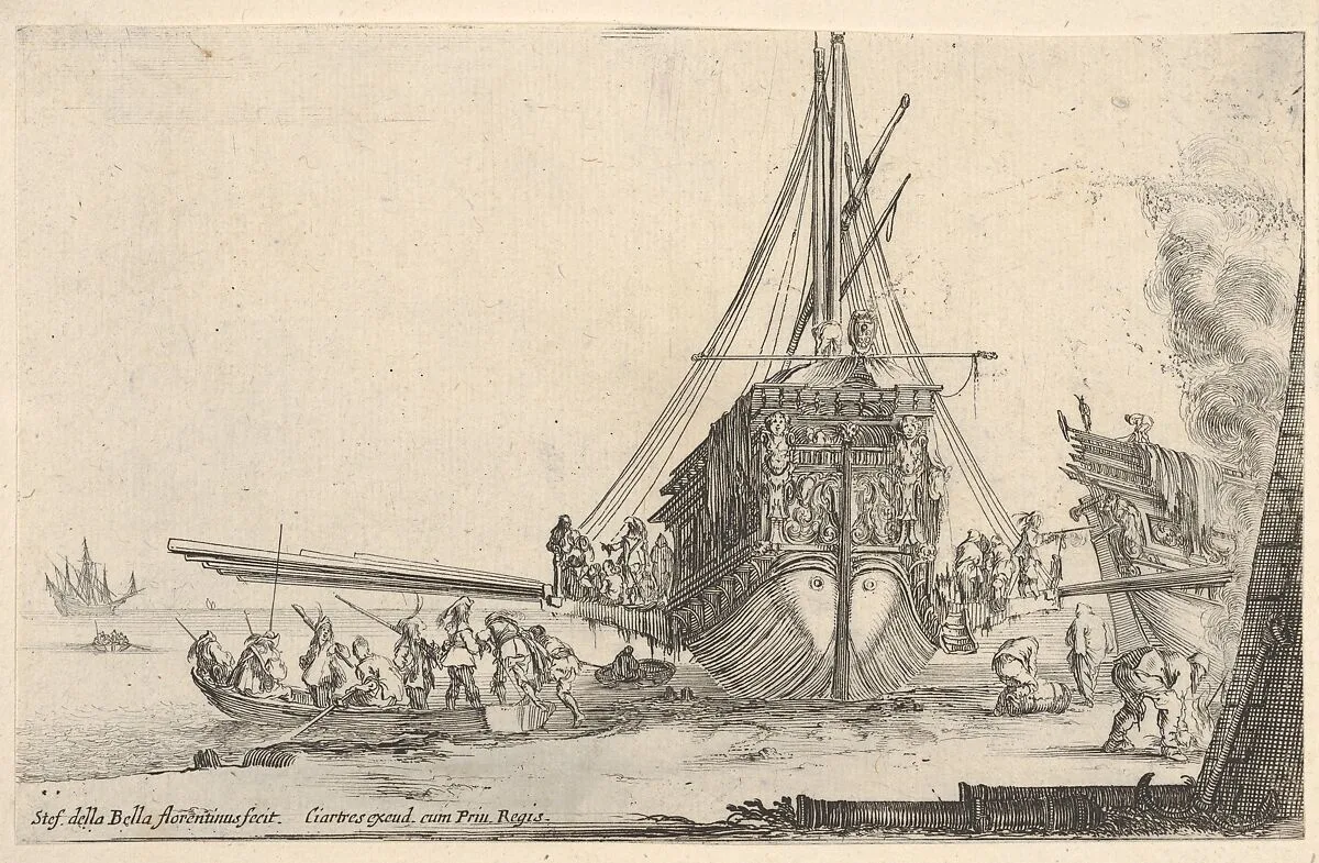 A galley embarking at center, seen from behind, the stern of another galley to right under a fire, eight men in a rowboat to left, from 'Varie figure' — Stefano della Bella|François Langlois