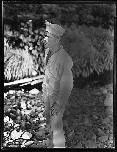 [South Seas: Cressida Crew Member on Rocky Shore]