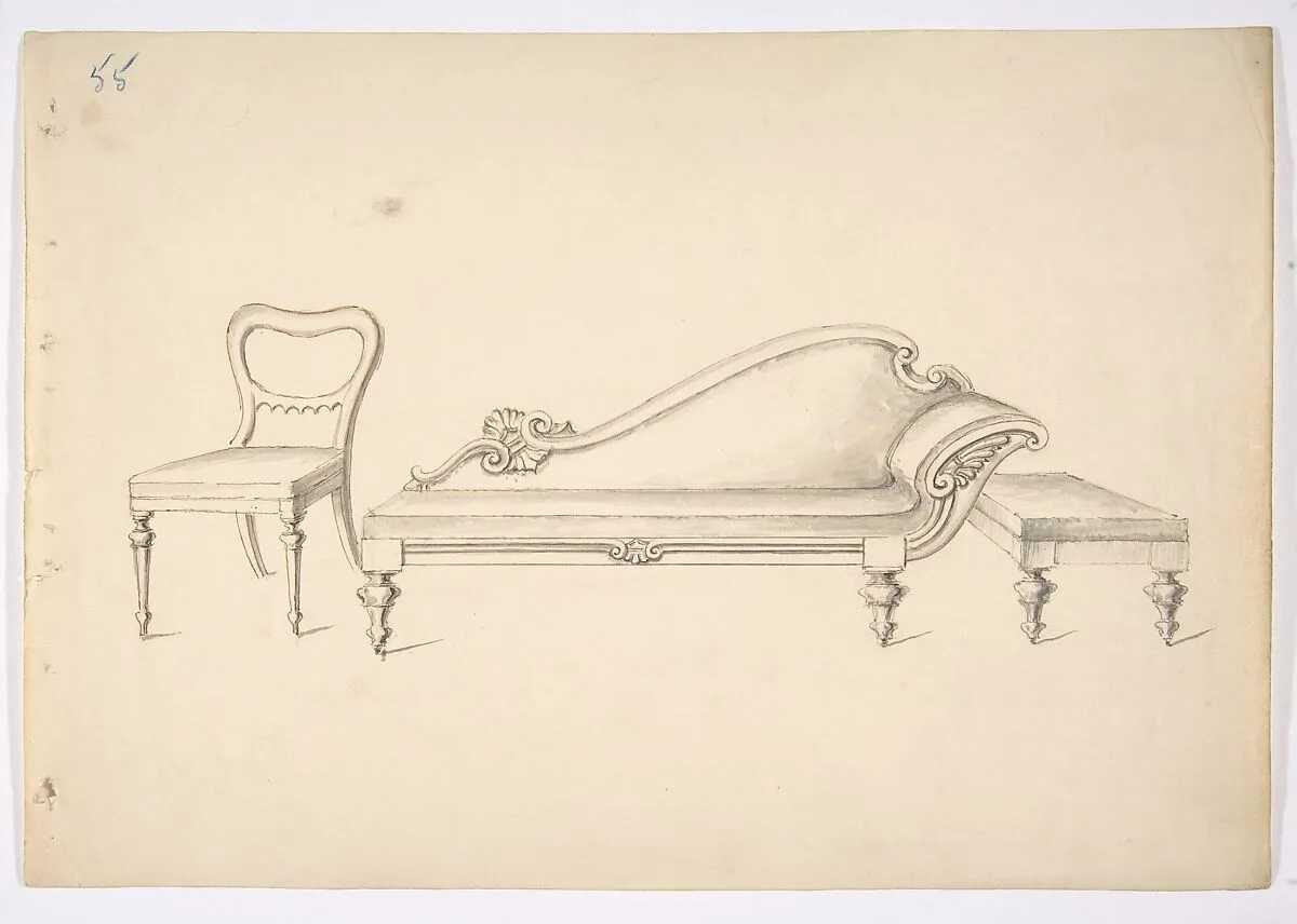 Design for a Sofa with One WIng-like Arm, Chair and Stool — Anonymous, British, 19th century