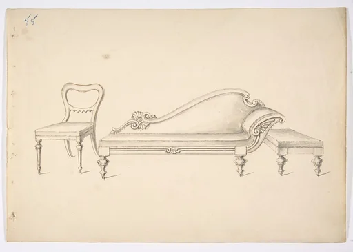 Design for a Sofa with One WIng-like Arm, Chair and Stool