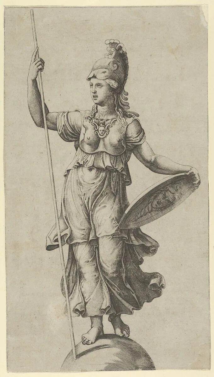 Pallas Athena standing on a globe, holding a spear in her left hand and her shield in her right — Raphael (Raffaello Sanzio or Santi)|Giulio Romano|Anonymous, Italian, 16th to early 17th century|Marcantonio Raimondi
