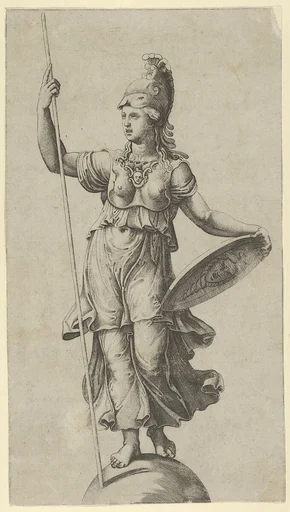 Pallas Athena standing on a globe, holding a spear in her left hand and her shield in her right