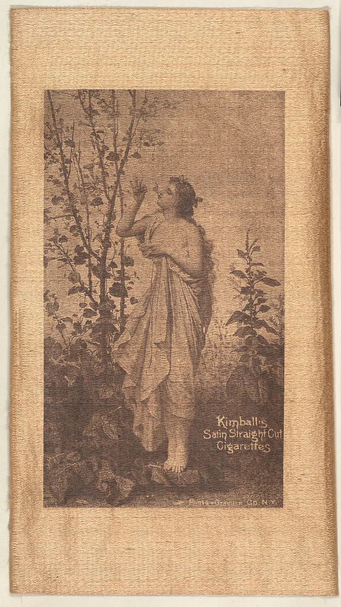 Woman smelling blossom on tree (on brown silk), from the Girl Art Subjects series (N193) issued by Wm. S. Kimball & Co. — The Photo-Gravure Company|William S. Kimball & Company