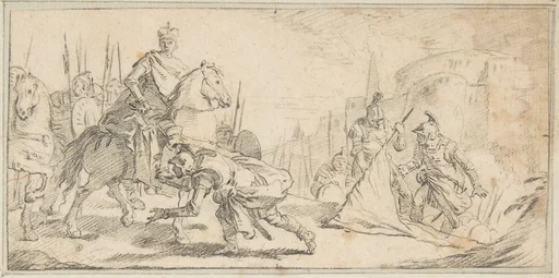 Illustration for a Book: Soldiers Surrendering to an Emperor, with a City in the Background