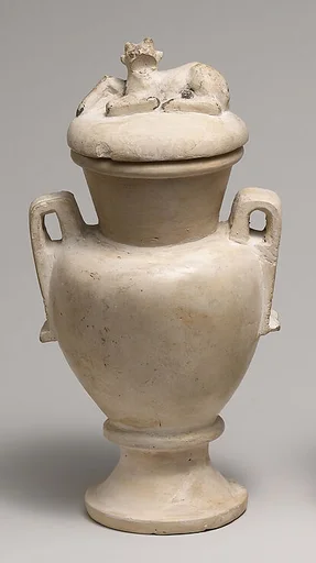 Two Handled Jar and Lid decorated with a Resting Ibix Calf
