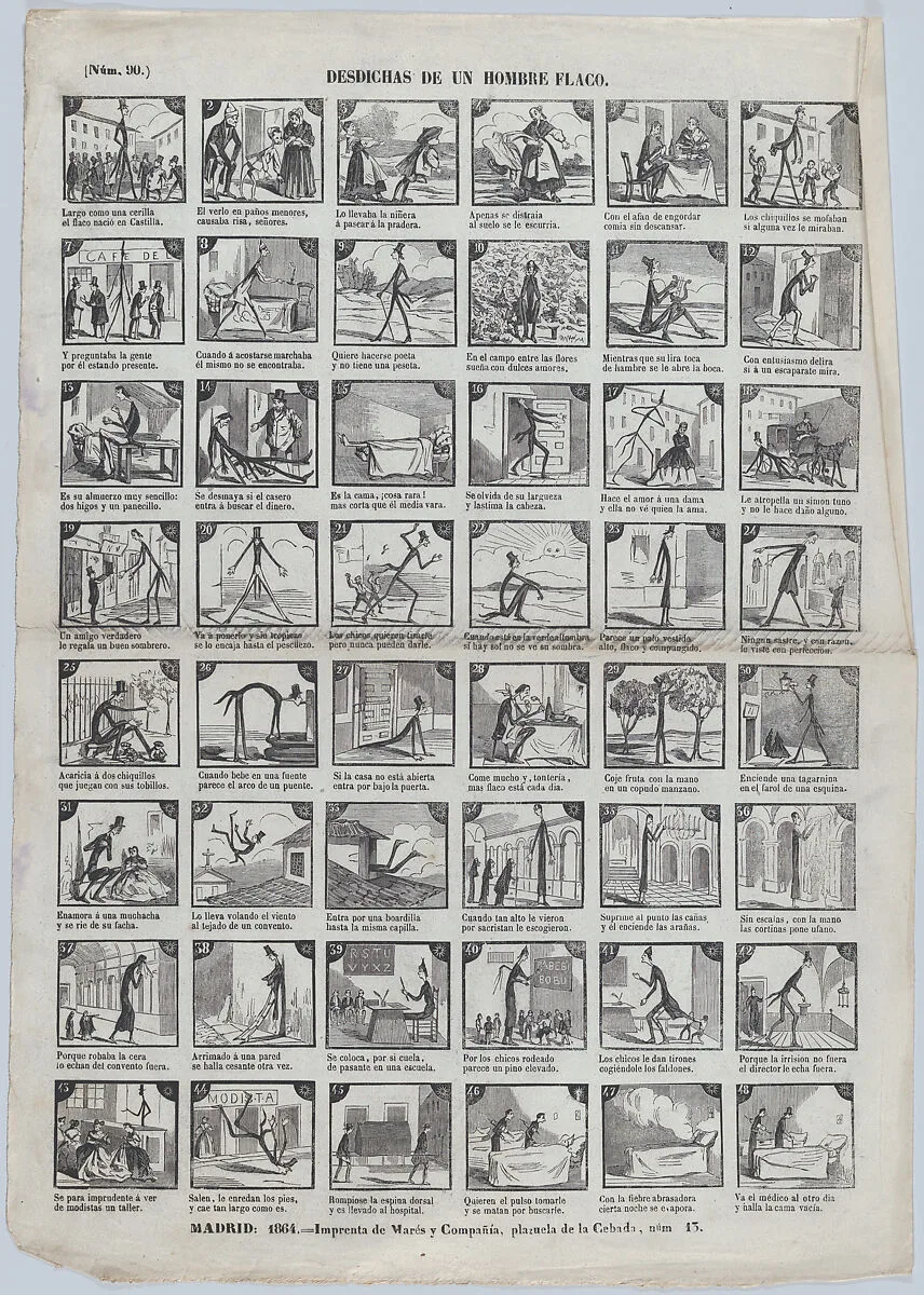Broadside with 48 scenes depicting the misfortunes of a skinny man — José María Marés