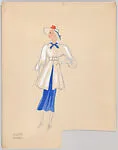 Drawing for a woman's theatrical costume with white coat and blue dress — Vincente Minnelli