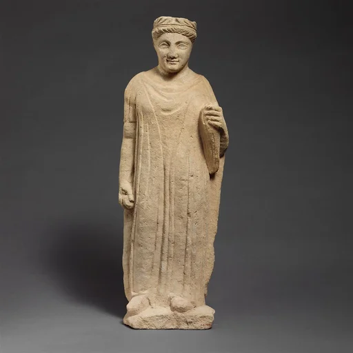 Limestone statuette of a boy holding a bird