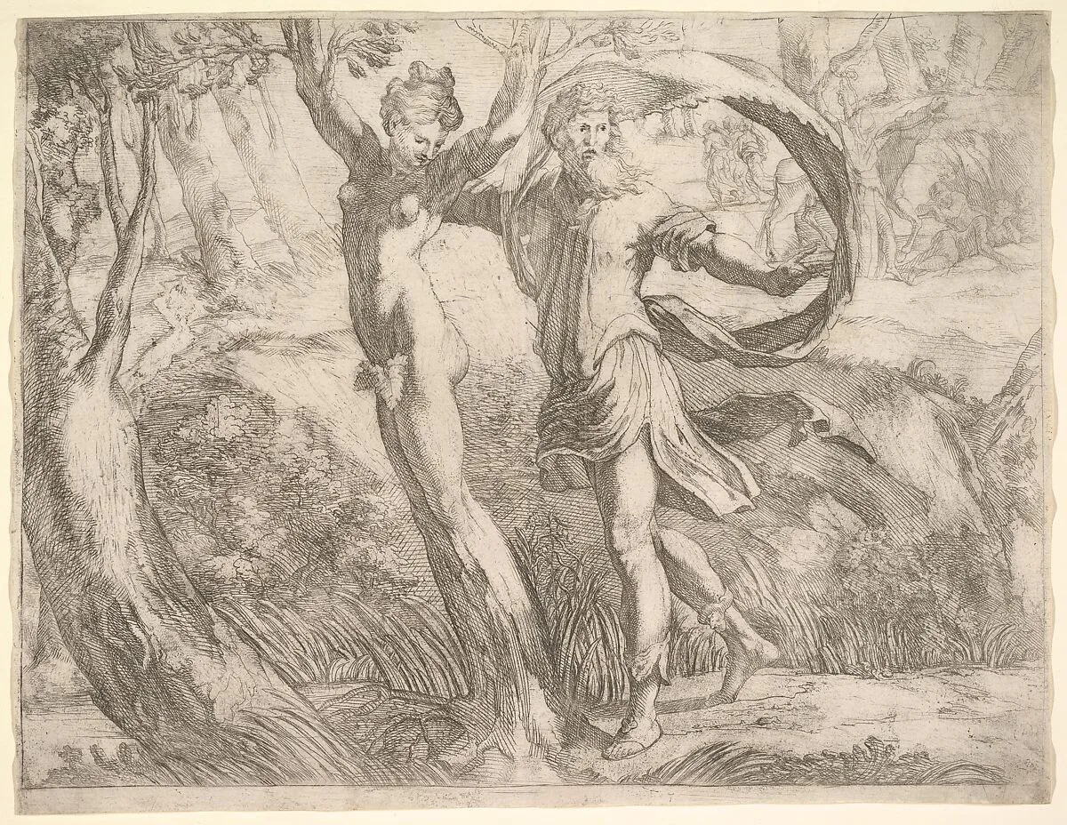 Wilton Album, folio 10a: Priapus and Lotis — Parmigianino (Girolamo Francesco Maria Mazzola)|Girolamo Mazzola Bedoli|Anonymous, Italian, 16th century|Bertoia (Jacopo Zanguidi)
