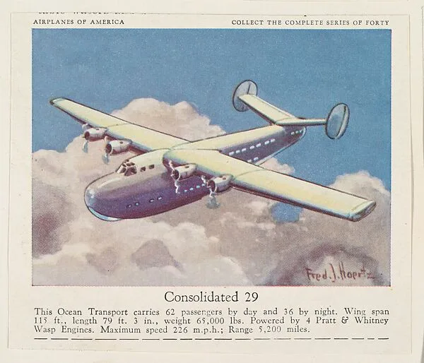Consolidated 29, collector card from the Airplanes of America series (D2), issued by the Kelley Baking Company to promote Kelley's Bread — Kelley Baking Company