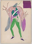 Drawing for a theatrical costume for a man carrying two deer