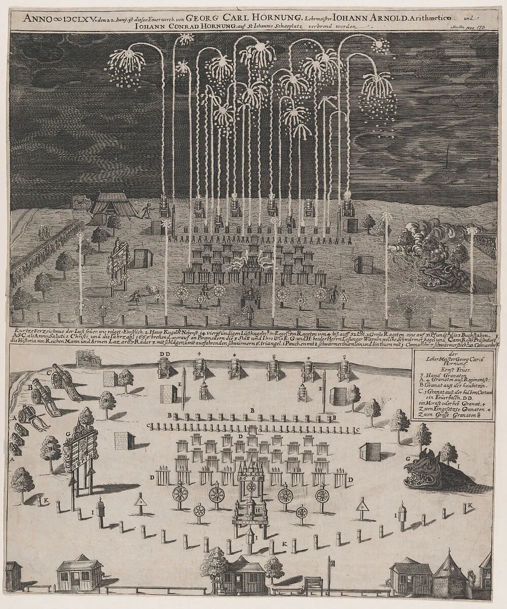 Fireworks on the Schiessplatz, Nuremberg, June 22, 1665 — Georg Carl Hornung|Johann Arnold|Johann Conrad Hornung