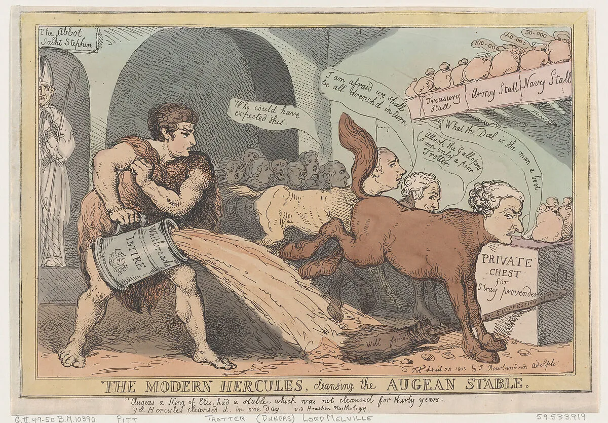 The Modern Hercules, Cleansing the Augean Stable — Thomas Rowlandson|William Pitt|Henry Dundas, 1st Viscount Melville