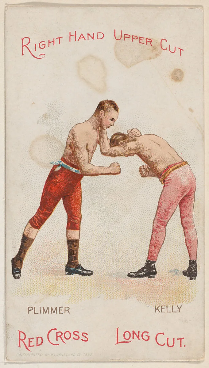 Right Hand Upper Cut, Billy Plimmer and Tommy Kelly, from the Boxing Positions and Boxers series (N266) issued by P. Lorillard Company to promote Red Cross Long Cut Tobacco — P. Lorillard Company|H.A. Thomas & Wylie Lithographer Co., New York