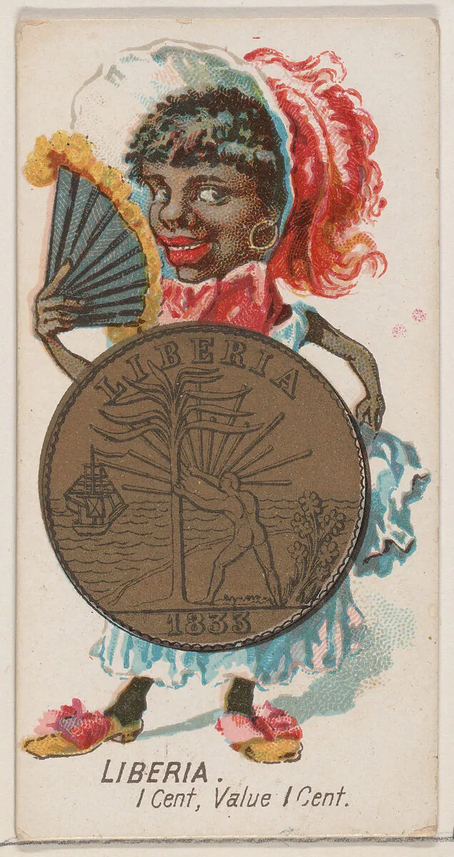 Caricatured Liberian, 1 Cent, from the series Coins of All Nations (N72, variation 1) for Duke brand cigarettes — W. Duke, Sons & Co.