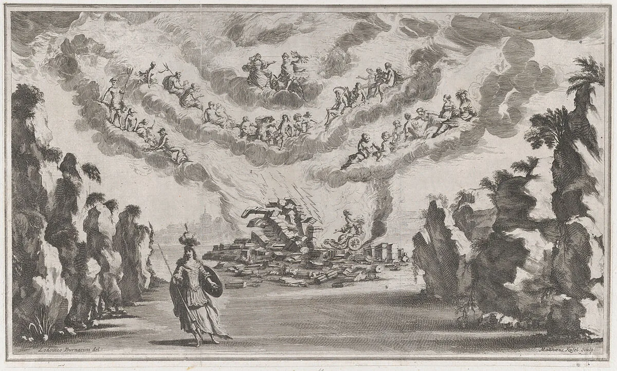 A woman in a chariot arrives at the ruins of a building as the Olympian gods look down from above, in the foreground stands an armed female figure; set design from 'Il Pomo D'Oro' — Ludovico Ottaviano Burnacini|Mathäus Küsel