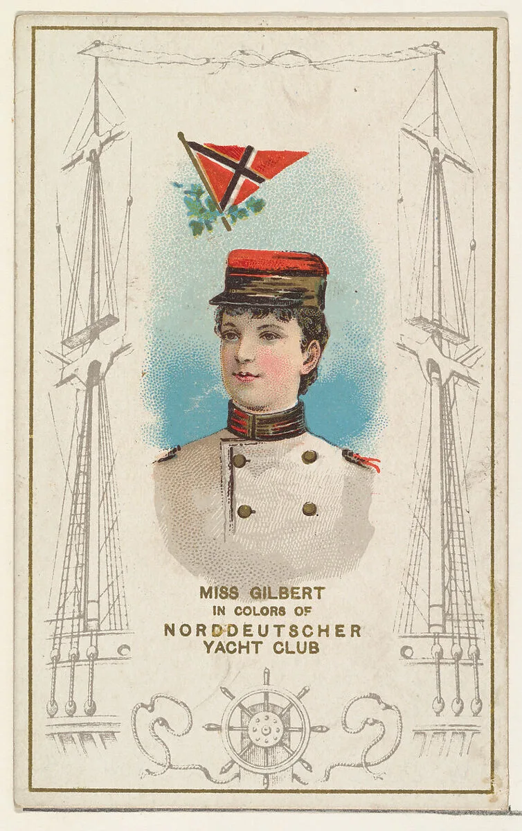 Miss Gilbert in Colors of Norddeutscher Yacht Club, from the Yacht Colors of the World series (N140) issued by Duke Sons & Co. to promote Honest Long Cut Tobacco — W. Duke, Sons & Co.