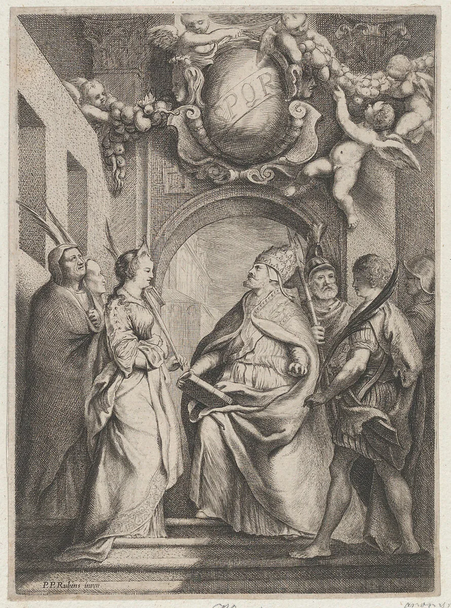 Saint Gregory surrounded by other saints, in front of an archway with putti holding garlands overhead — Anonymous|Peter Paul Rubens