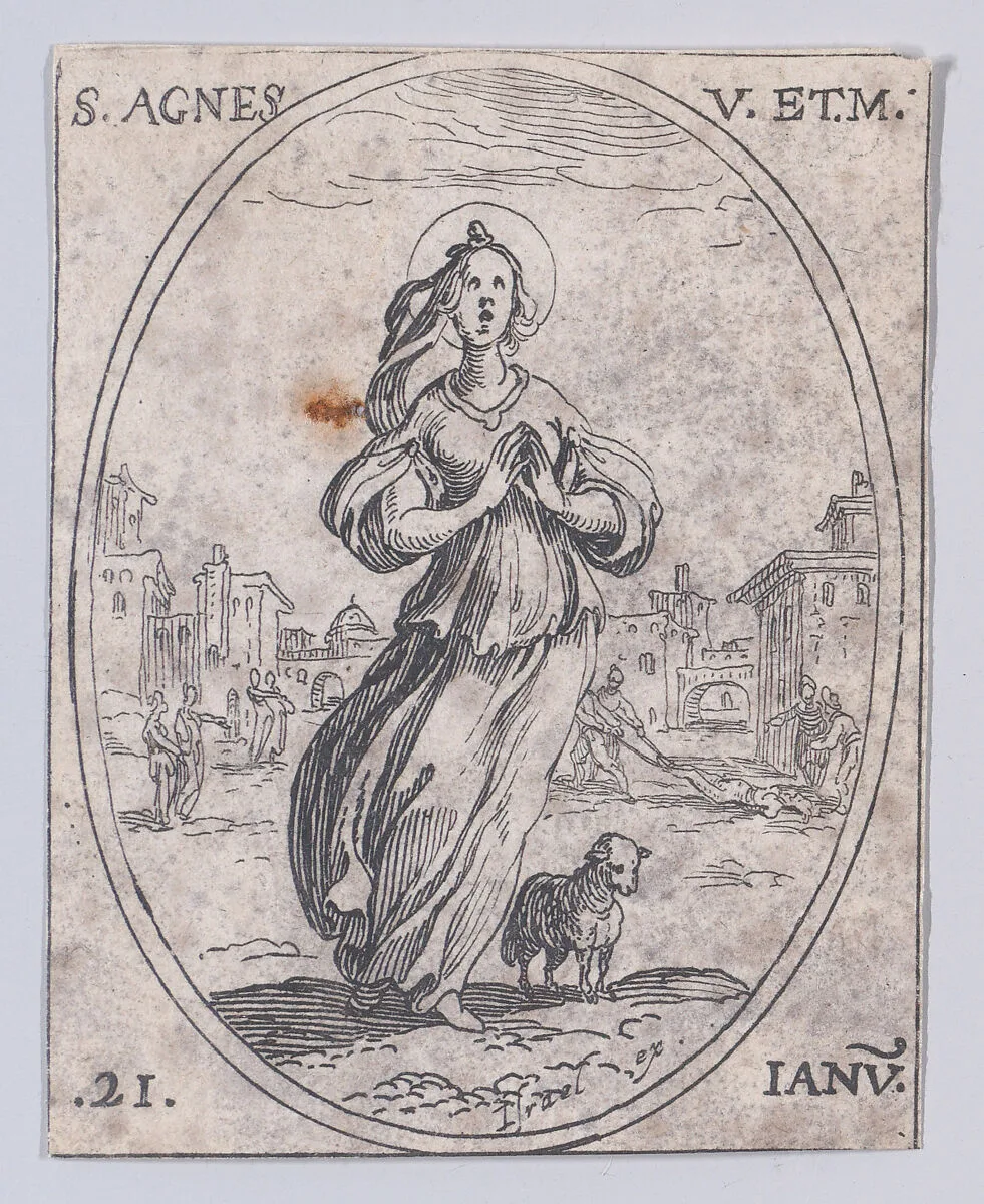 Ste. Agnés, vierge et martyre (St. Agnes, Virgin and Martyr), January 21st, from "Les Images De Tous Les Saincts et Saintes de L'Année" (Images of All of the Saints and Feast Days of the Year) — Jacques Callot|Israël Henriet