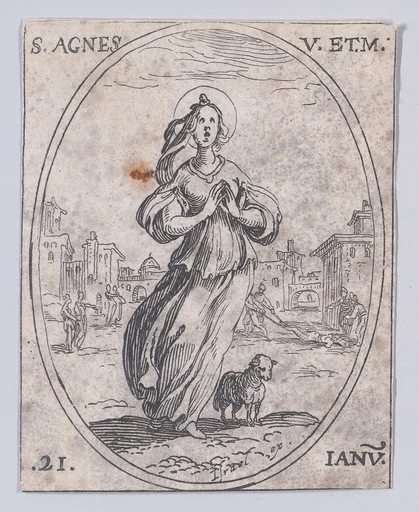 Ste. Agnés, vierge et martyre (St. Agnes, Virgin and Martyr), January 21st, from "Les Images De Tous Les Saincts et Saintes de L'Année" (Images of All of the Saints and Feast Days of the Year)