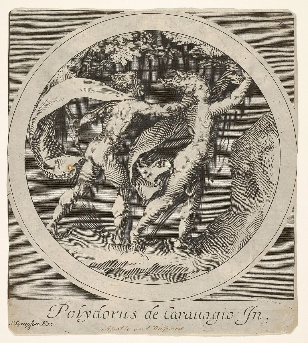Apollo pursuing Daphne, whose toes take the form of tree roots, a round composition, reverse copy after a series of engravings by Cherubino Alberti of mythological scenes after Polidoro da Caravaggio — Anonymous|Cherubino Alberti (Zaccaria Mattia)|Polidoro da Caravaggio|Samuel Sympson