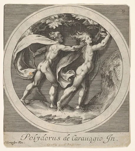 Apollo pursuing Daphne, whose toes take the form of tree roots, a round composition, reverse copy after a series of engravings by Cherubino Alberti of mythological scenes after Polidoro da Caravaggio