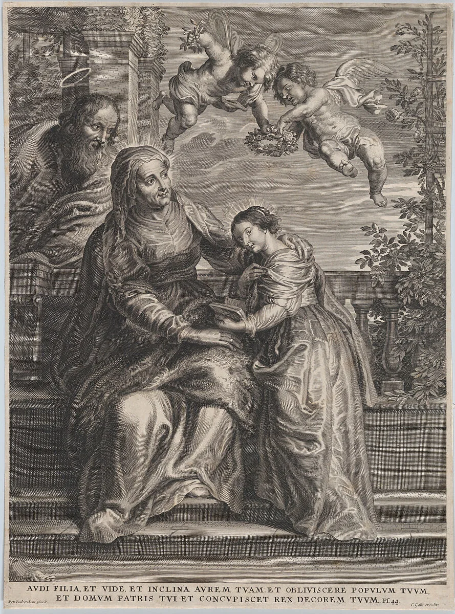 The education of the Virgin, with Saint Anne and the Virgin Mary reading with two putti overhead and Saint Joachim behind them at left — Anonymous|Peter Paul Rubens|Cornelis Galle I