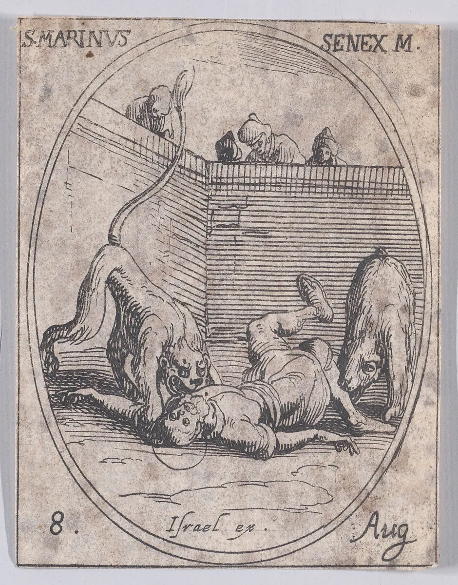 S. Marin, vieillard (St. Marinus, The Aged), August 8th, from "Les Images De Tous Les Saincts et Saintes de L'Année" (Images of All of the Saints and Religious Events of the Year) — Jacques Callot|Israël Henriet