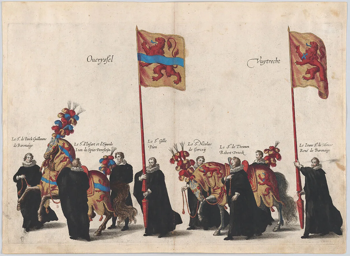 Plate 32: Men with heraldic flags and horses from Overijssel and Utrecht marching in the funeral procession of Archduke Albert of Austria; from 'Pompa Funebris ... Alberti Pii' — Cornelis Galle I|Jacques Francquart