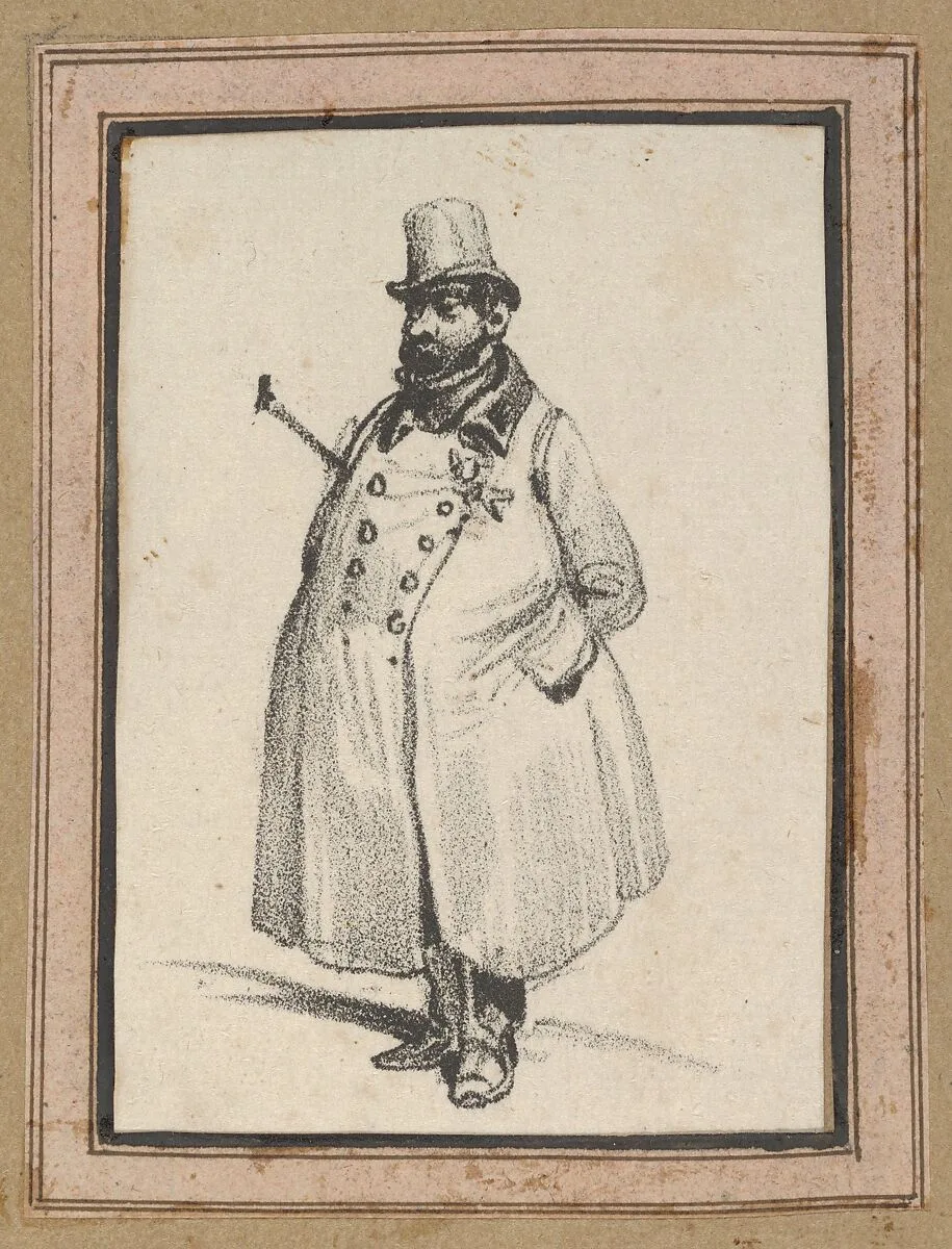 Man wearing a coat and a hat with a cane under his arm — Victor Adam