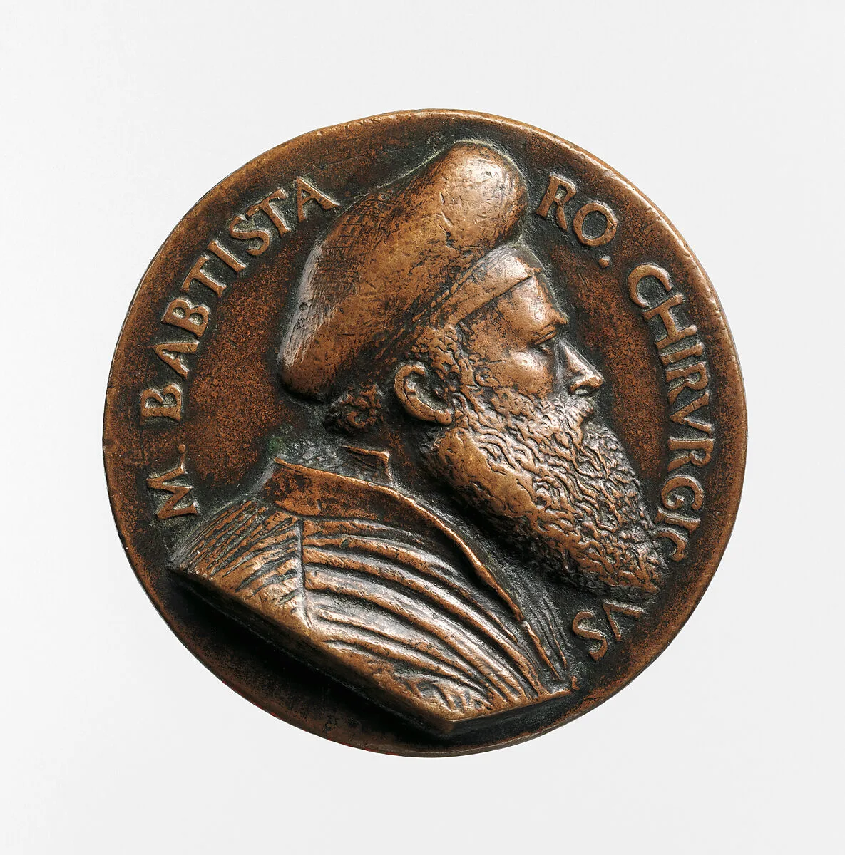 Portrait medal of Battista Vigo da Rapallo or Baptista Romanus (obverse); a Hand Holding a Branch and a Surgical Instrument — Unknown