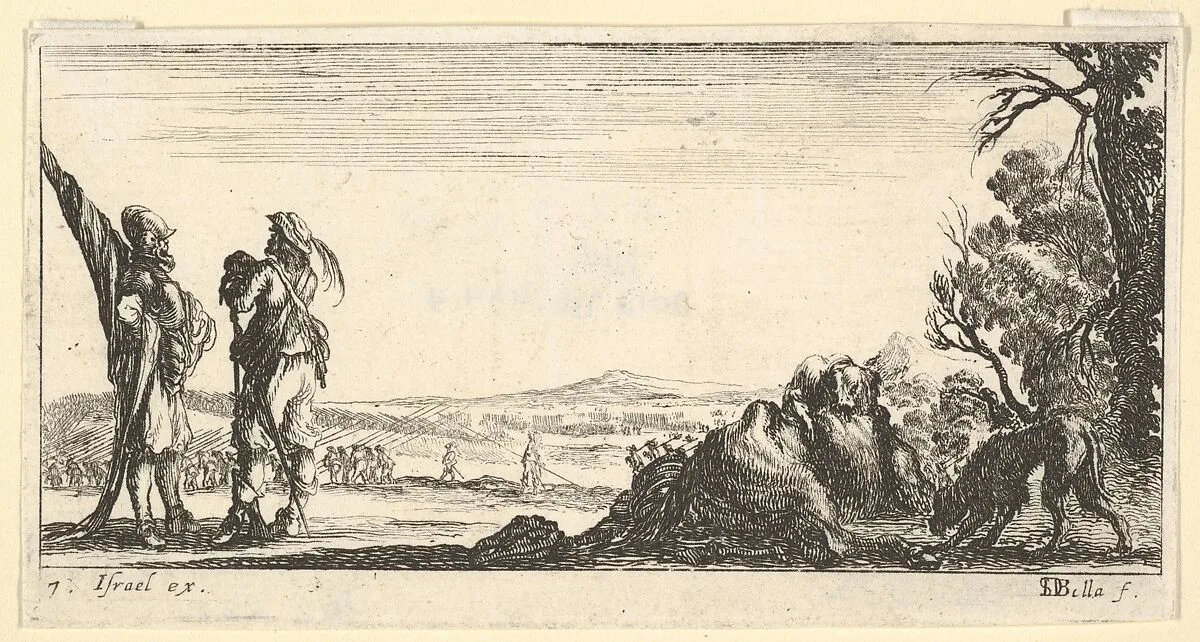 Plate 7: two soldiers standing to left, a wolf devouring a dead horse to right with another wolf entering from right, from 'Troops, cannons, and attacks on towns' (Dessins de quelques conduites de troupes, canons, et ataques de villes) — Stefano della Bella|Israël Henriet