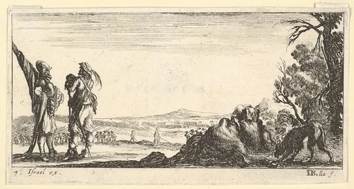 Plate 7: two soldiers standing to left, a wolf devouring a dead horse to right with another wolf entering from right, from 'Troops, cannons, and attacks on towns' (Dessins de quelques conduites de troupes, canons, et ataques de villes)