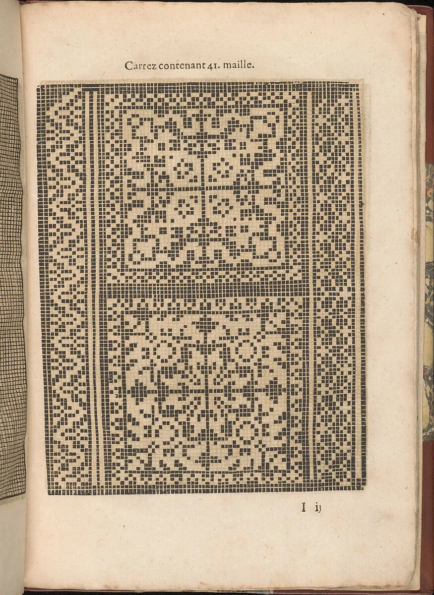 Les Secondes Oeuvres, et Subtiles Inventions De Lingerie du Seigneur Federic de Vinciolo Venitien, page 34 (recto) — Federico de Vinciolo|Jean Le Clerc|Catherine de Bourbon