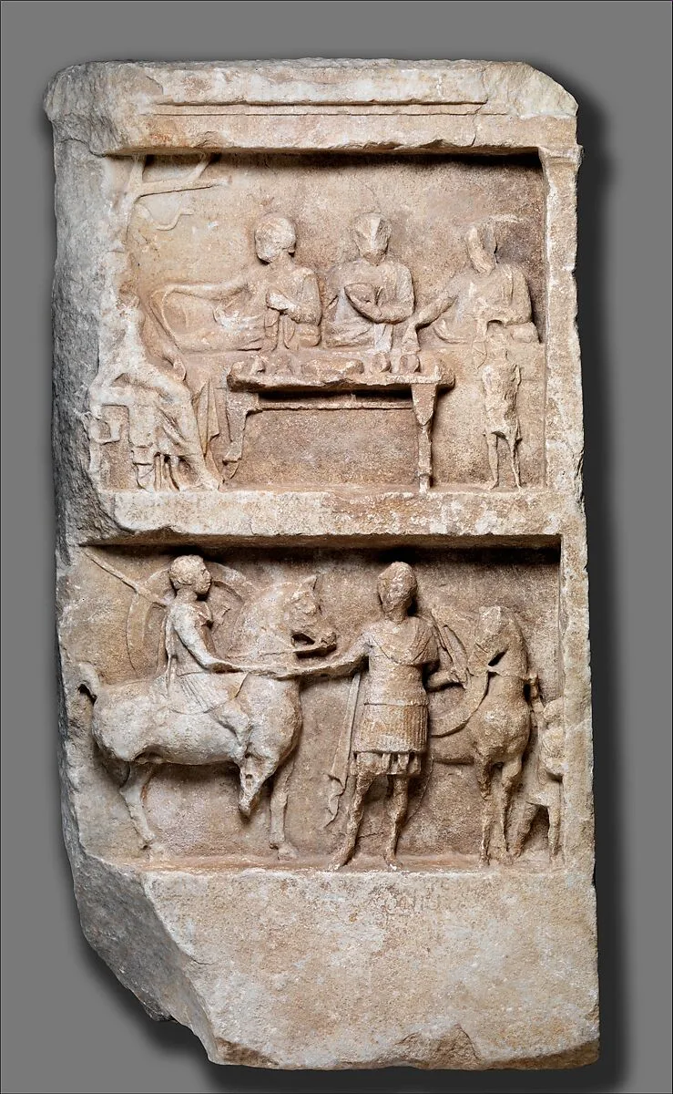 Marble grave relief with a funerary banquet and departing warriors — Unknown