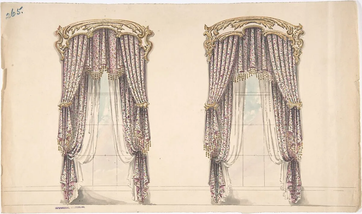 Design for Pink, Mauve and White Floral Curtains with a Gold and White Pediment — Anonymous, British, 19th century