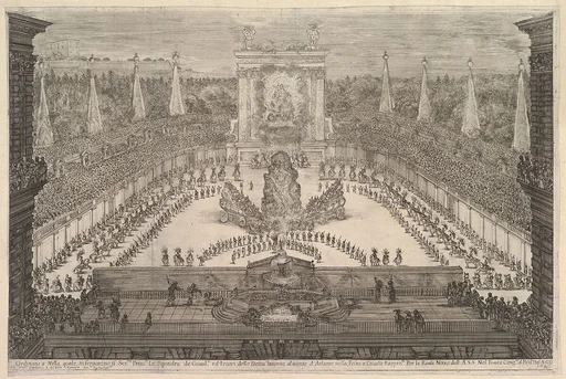 The Prince of Tuscany and his chariots arranged around Mount Atlas in center, a fountain at center in the foreground, a large arch displaying the Medici and the Orleans coats of arms in the background, spectators surrounding all sides, from 'Il mondo festeggiante'