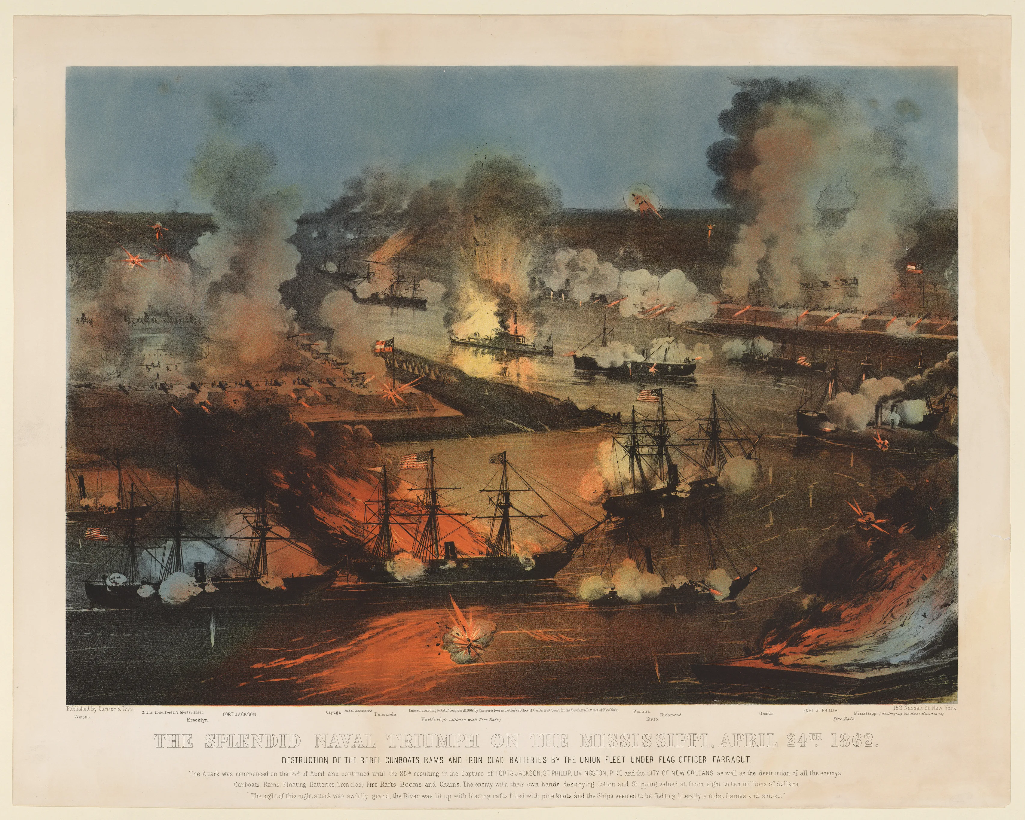 The Splendid Naval Triumph on the Mississippi, April 24th, 1862: Destruction of the Rebel Gunboats, Rams, and Iron Clad Batteries by the Union Fleet under Flag Officer Farragut — Currier & Ives