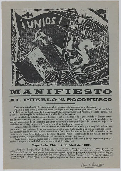 Flyer relating to the Manifesto of the town of Soconusco celebrating the Revolution, image upper centre of a soldier with a Mexican flag — Angel Bracho