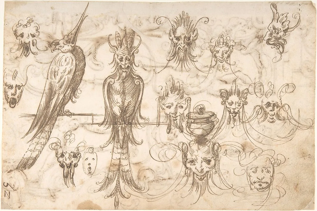 Studies for birds and grotesque masks (recto); candelabra grotesques, ewers and vases (verso) — Andrés de Melgar